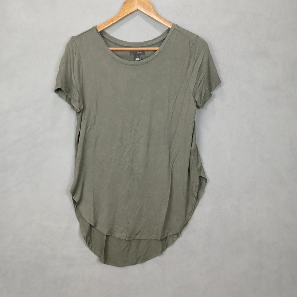 Halogen T-Shirt Womens Small Olive Green‎ Stretch Asymmetrical Hem Round Neck